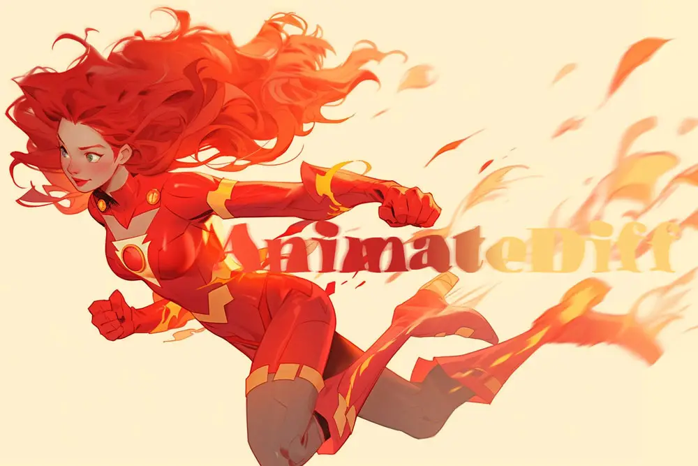 Fiery red head super hero girl flying in red fire outfit - AnimateDiff
