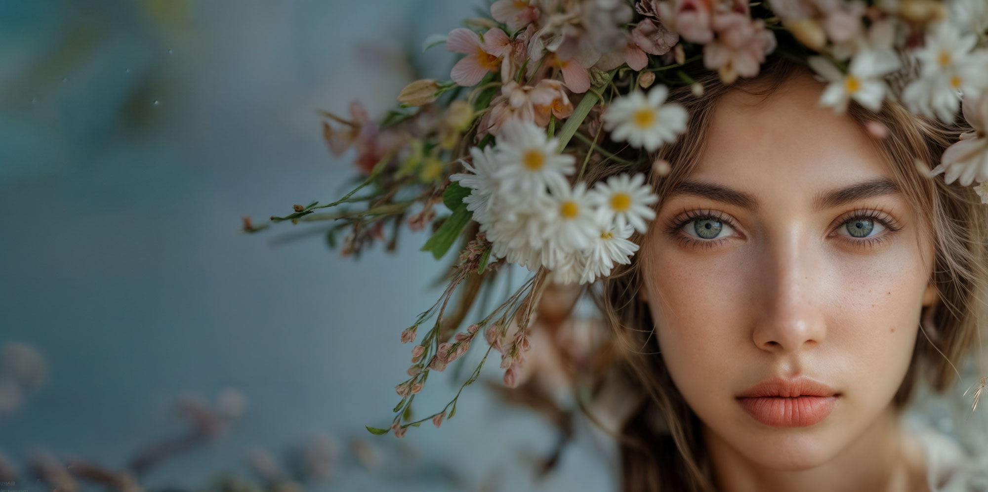 Portrait of a woman with a floral bouquet hat with exotic blue eyes - Fashion Photography Portfolio