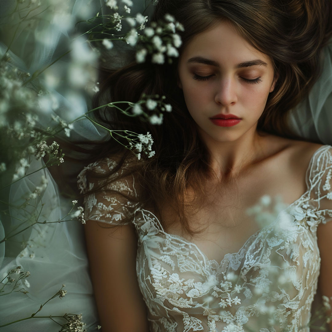 Sleeping Beauty Bride in white wedding dress and flower bed detailed