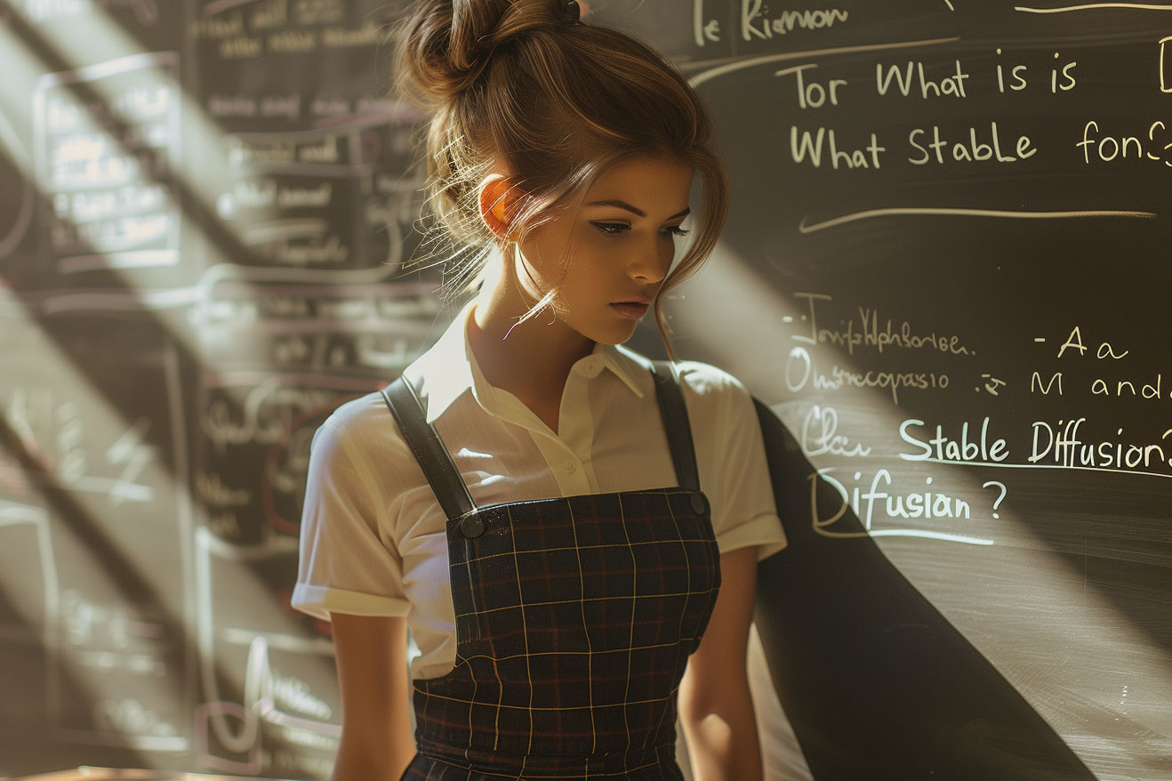 A contemplative young woman in a white shirt and plaid jumper stands by a chalkboard bathed in warm light - What is Stable Diffusion