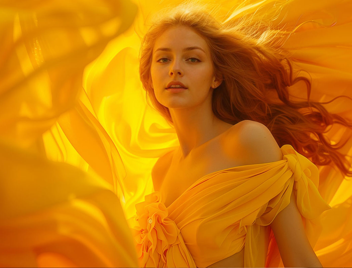 beautiful blonde woman draped in yellow fabric and golden light