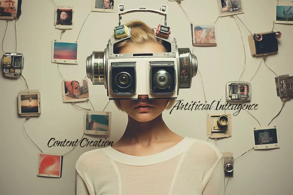 blonde girl with polaroid glasses in a surreal room - AI in Content Creation
