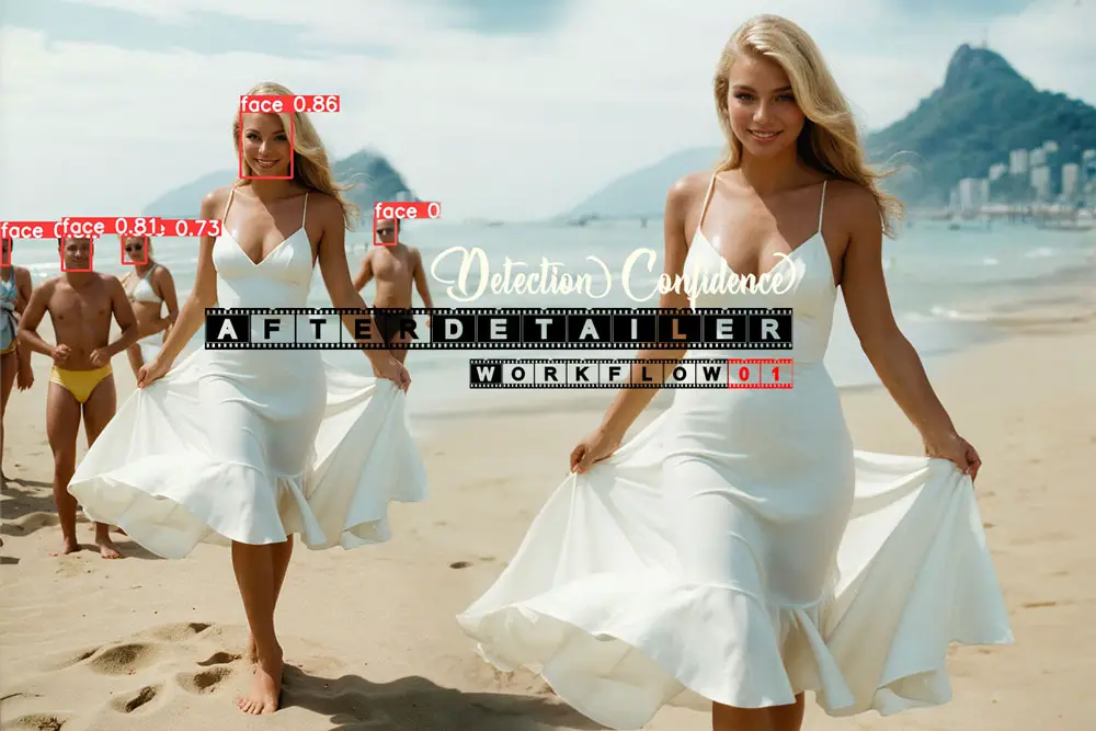 blonde women in white dress on a beach with admiring fans - Detection Confidence