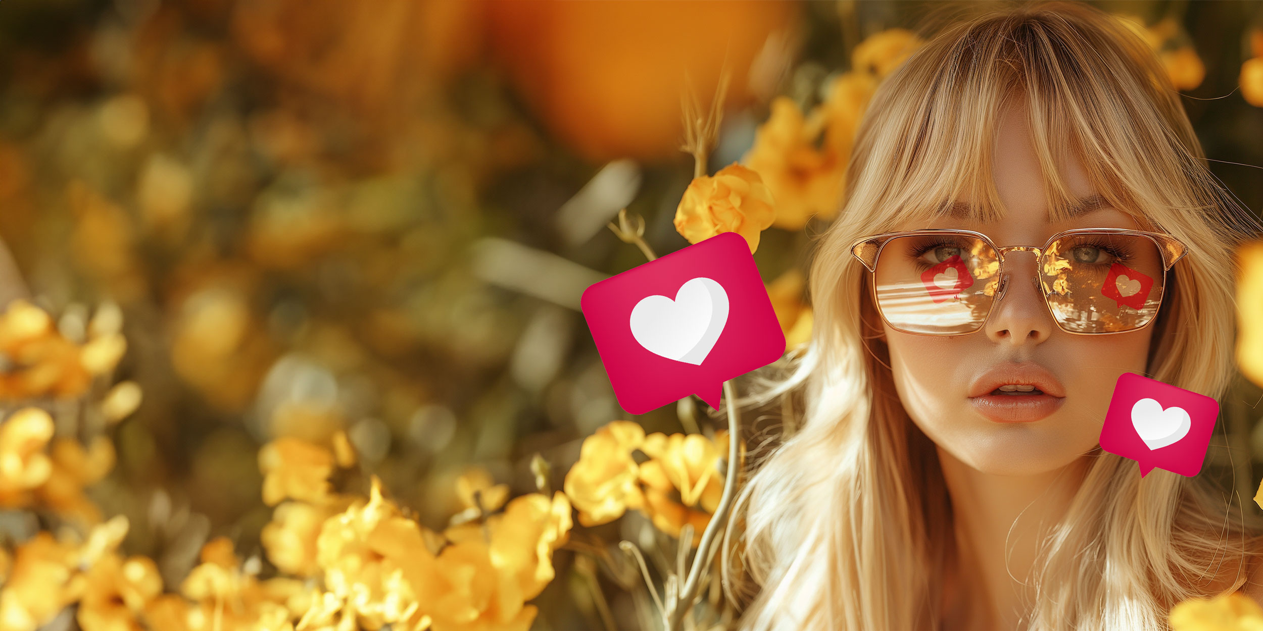portrait of a blonde woman wearing reflective shades in a field of golden flowers
