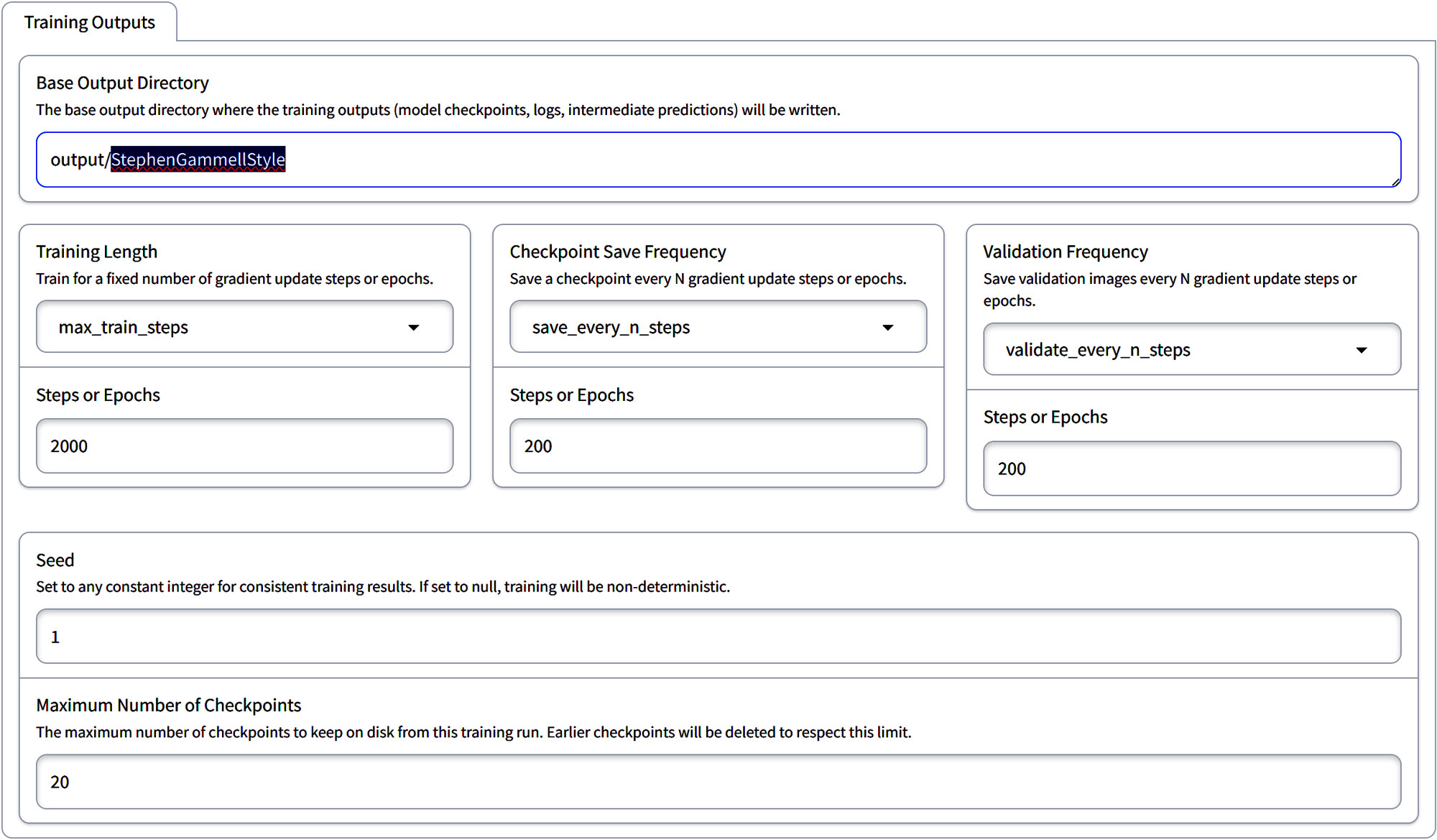 Basic Configs training output - invoke training User interface