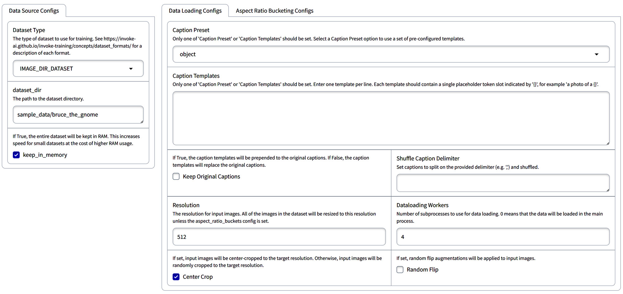 Data Loading Config - Invoke Training UI