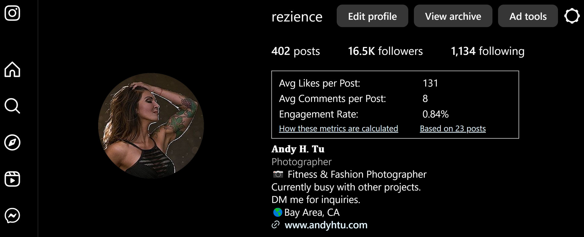 Rezience Instagram Profile dark mode