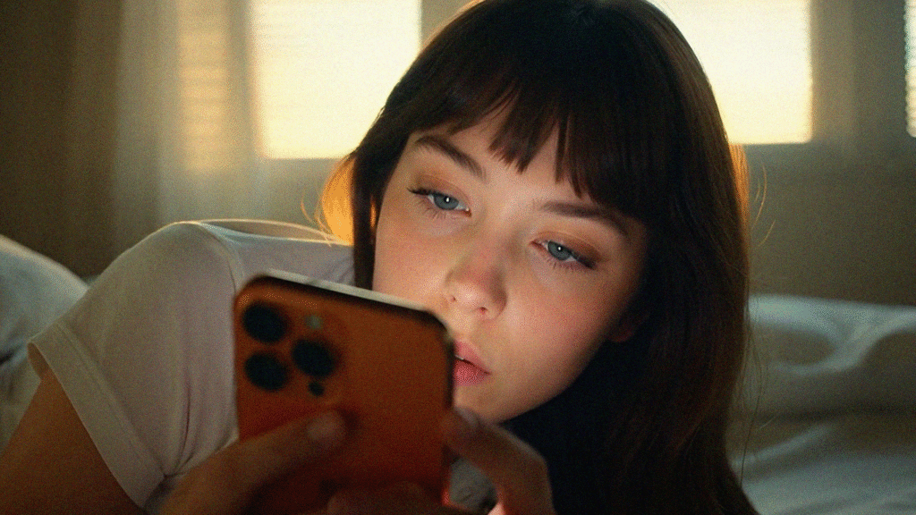 girl in bed looking at her orange iphone 17